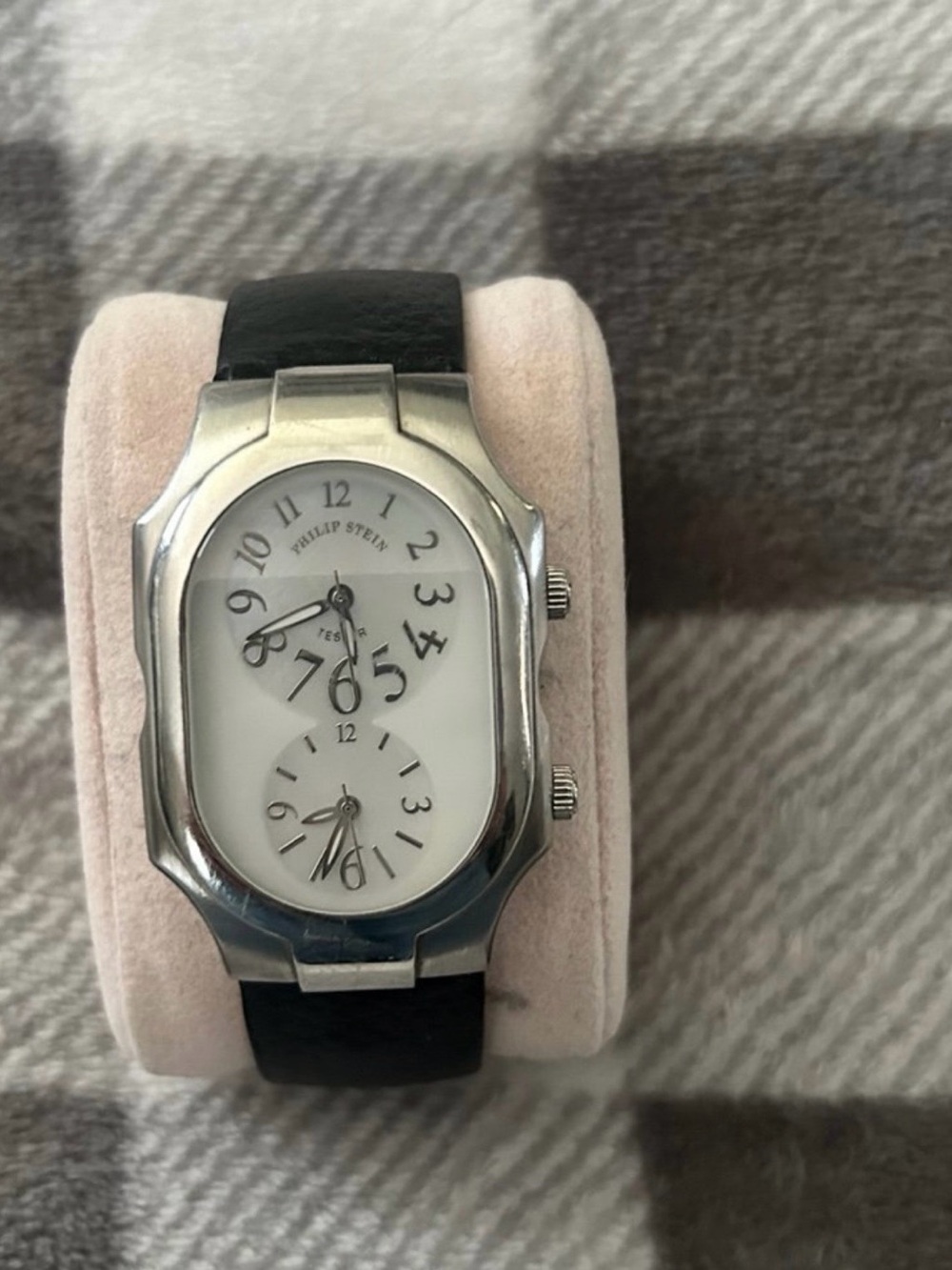 Philip Stein Silver Case White Dual-Dial Watch with Black Leather Strap